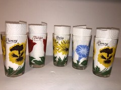 Set of 5 BOSCUL Peanut Butter Glasses Pansy, Daisy, Morning Glory, Tulips. EUC