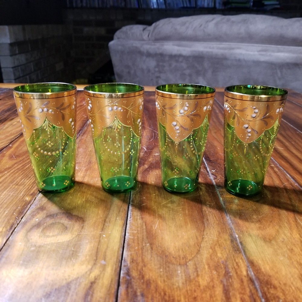 Vintage Set Of 4 Emerald Green Gold Gilt Enamel Glass Tumblers GIL
