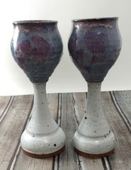 4) Studio Art Pottery Glazed Wine Chalice Goblets 6 Oz Signed Blue Gray Speckled
