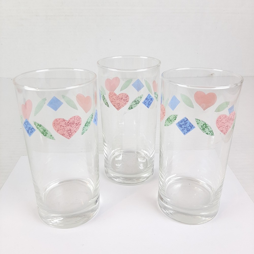 3 Corelle Corning Ware QUILT HEART & DIAMONDS Tumblers Drinking Glasses 6″ 16 oz