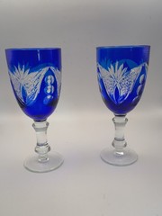 Vintage Bohemian Cobalt Blue Cut to Clear Crystal Cordial Glasses – Pair of 2