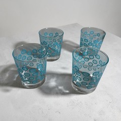 4 IKEA Turquoise Blue Polka Dot Old Fashioned Glass 3.75″ Tall MCM style