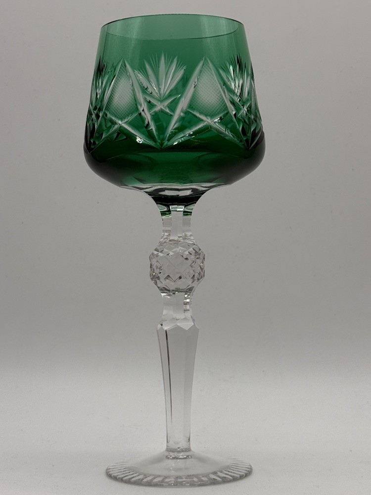 Stunning Emerald Green Cut To Clear Crystal 8.25″ Wine Hock Goblet Glass