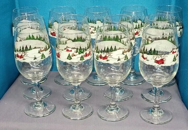 13 Libbey Christmas Winter Village 7- 3/4″ Glass Stemmed Goblet Snow Scene