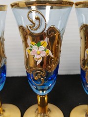 6 Vintage Bohemian Cobalt Cordial Hand Painted Shot Glass Gold Decoration