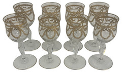 MOSER (ATTRIBUTED TO) GOLD BOWS & WREATHS ORNATE FANCY SHERRY GLASS SET OF 8