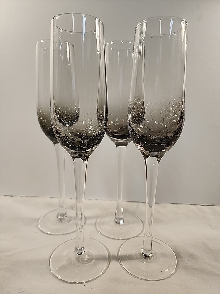 Set Of 4 Pier 1 Smokey Grey Crackle Glass Champagne Flutes Glasses Discontinued