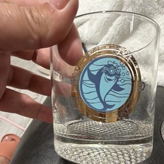 Clear Glass Rocks Glasses Set of 5 Blue Fish Pattern Gold Rim Textured Base
