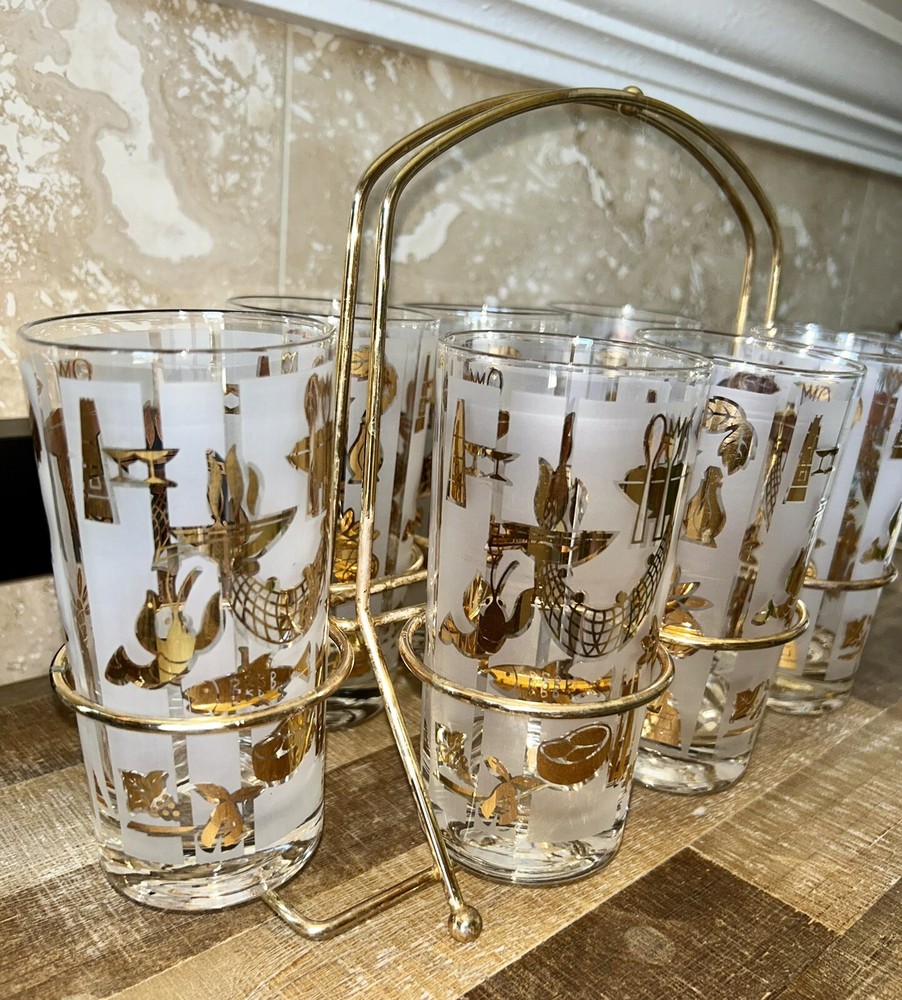 Lotus “Bon Appetite” Set Of 8 Glasses W/Carrier Fish Lobster MCM Vintage NOS