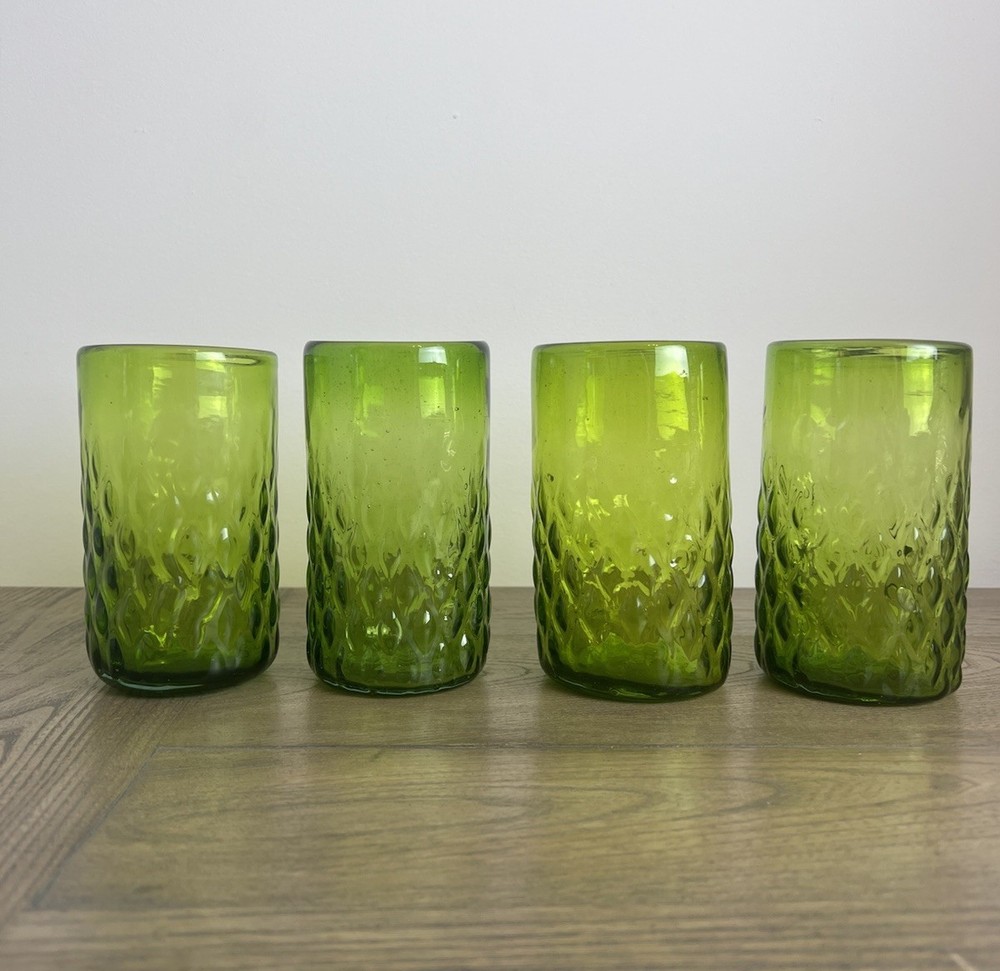 Vintage Avocado Green Art Glass Tumblers Set of 4 Textured Mid Century