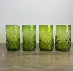Vintage Avocado Green Art Glass Tumblers Set of 4 Textured Mid Century