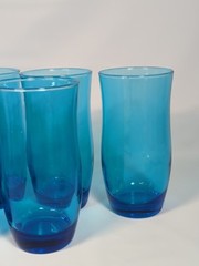 6 Vtg Ocean Blue Tumblers Anchor Hocking Flair Azure Glasses Retro Weighted