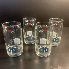 4 Anchor Hocking Glasses 1980’s Tumbler English Country Blue House Heart 11oz
