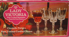 8 Vintage Lady Victoria France Crystal Stemware 2 Oz. Cordials Chantelle NOS MIB