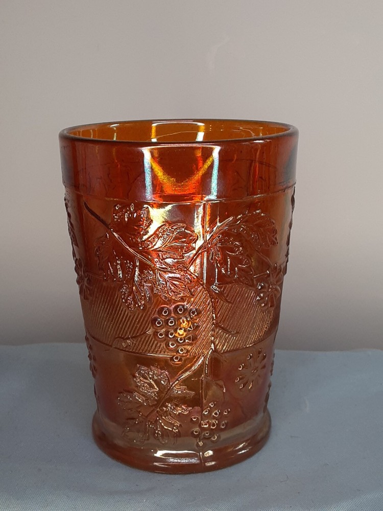 Antique DUGANCarnival Glass MARIGOLD Grape Leaf Floral Tumbler.
