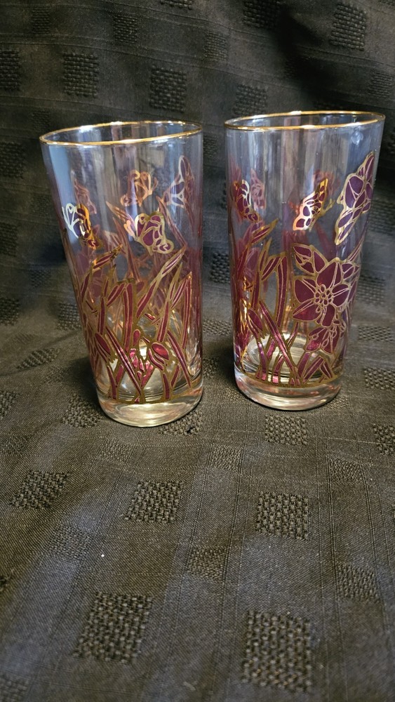 Rare WV Glass Raspberry Foral Butterfly Gold Trim Cocktail Glasses Hollywood…
