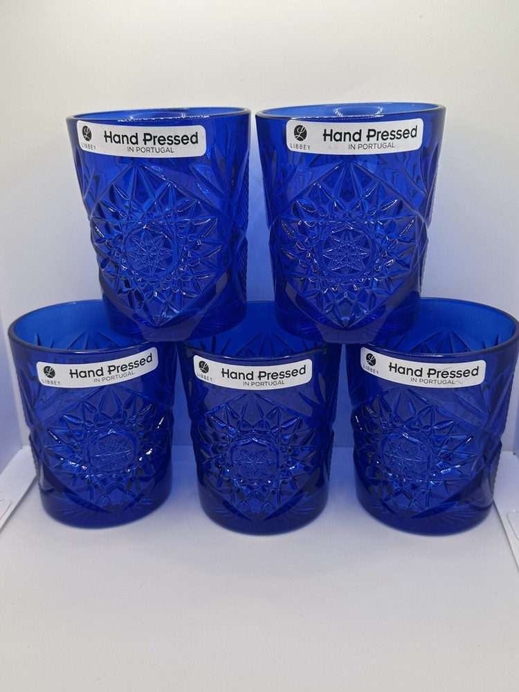 Libbey Hobstar Double Old Fashioned Glasses 12oz. Electric Cobalt Blue, Set of 5