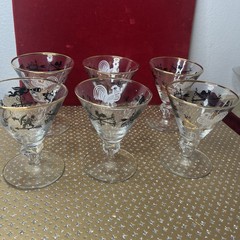 6 LIBBEY GLASS ROOSTER WEATHERVANE GOLD RIM COCKTAIL GLASSES MCM Mid CENTURY