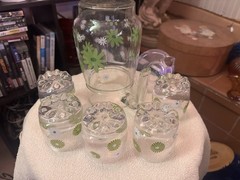 Floral Decorated Clear Green White Glass Pitcher w/ 5 Matching Tumbler Glasses