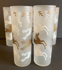 Vintage Libbey Barware Drinking Glasses Cavalcade Horses Stallions Frosted Gold