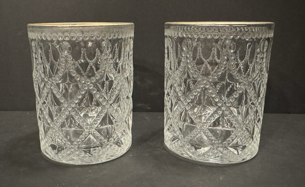 Antique/VTG Gilded-Rim Pressed Rocks/Double Old-Fashioned Glasses Set of Two (2)