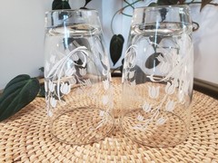 2 Vintage Libbey Tumbler Glasses 5.25” Embossed Lily of the Valley White Sparkle