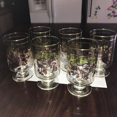 Set 6 Deep Goblets/Desert Embossed Gold Leaf Green Shadow Drink Glass Culver MCM