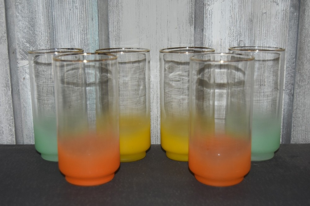 6 VINTAGE Mid Century Mod LIBBEY BLENDO FROSTED GOLD RIM HIGHBALL DRINK GLASSES