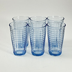 Set Of Six Two-Tone Blue Drinking Glasses Checkered Pattern Stands 5 1/8 In.Tall