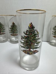 Vintage Spode 6.25” Highball Glasses “Christmas Tree” Set of 8 – Gold Trim -USA