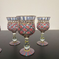 90s MACKENZIE CHILDS CIRCUS ARBOR ROSE GOBLET HAND BLOWN HAND PAINTED GLASS FOUR