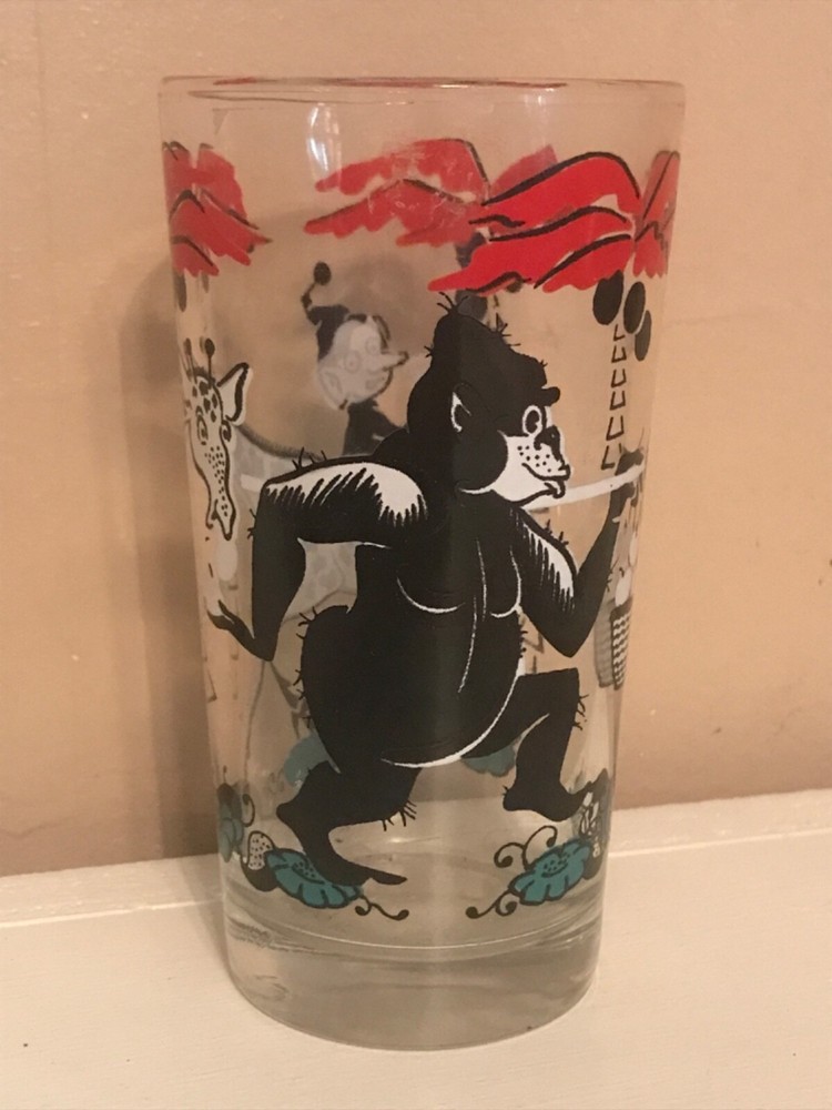 RARE VTG Red Drinking Glass Shedds PB Jungle Gorilla Giraffe Elf 5″ Bar Art