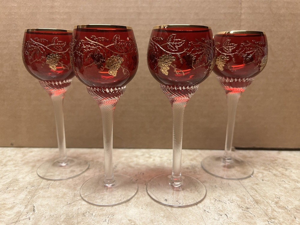 Vintage Red Bohemian Twisted Stem Grapes & Leaves 24k Gold Trim Glasses Set Of 4