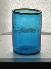 Vibrant Electric Blue Bubble Glass Tumbler With Applied Amber Brown Rim Vintage