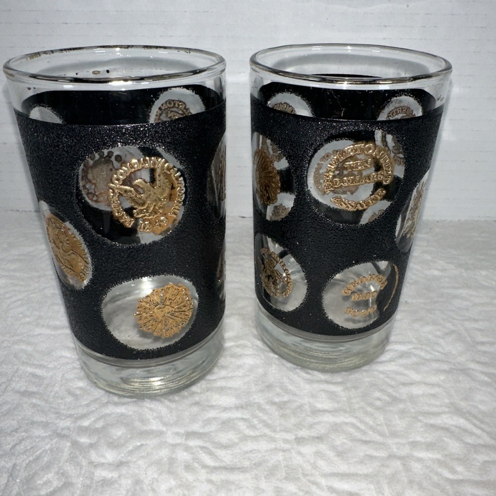 Set Of 2 LIBBEY Textured 22k Gold Coin High Ball Glasses Tumblers Vintage MCM