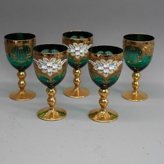 5 Emerald Green Venetian Enamel Hand Painted Gold Accent Wine Glasses Italy