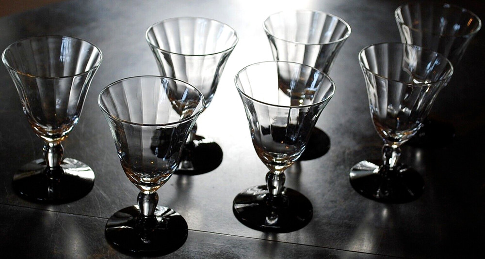 Vtg Set 7 WESTON Liquor Cocktail Glasses BLACK FOOT CLEAR OPTIC PANEL BOWL 3.75″