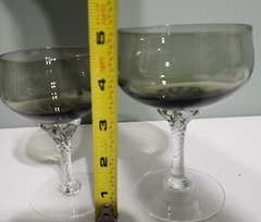 2 SASAKI Hawthorne Smoke Grey Blown Crystal Glasses 5″ & 4.5″ Twisted Clear Stem