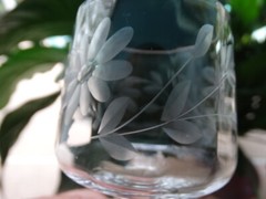 Tiffin Clear Panel Optic Grey Cut Floral Wine Glass w/ Cut Facet Stem 14186 EUC
