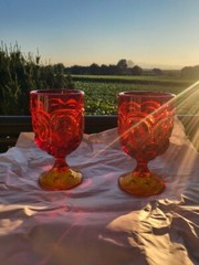 LE Smith Moon Stars AMBERINA Wine Water Goblet 6″ Red Orange 11oz Vtg Stem Glass