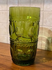 Vintage 1960s Indiana Glass Kings Crown Thumbprint Tumbler Avocado Green MCM