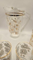 VTG 1 Pitcher 6 Glasses White Cherry Blossom Gold Trim Tree Branches Hand Blown