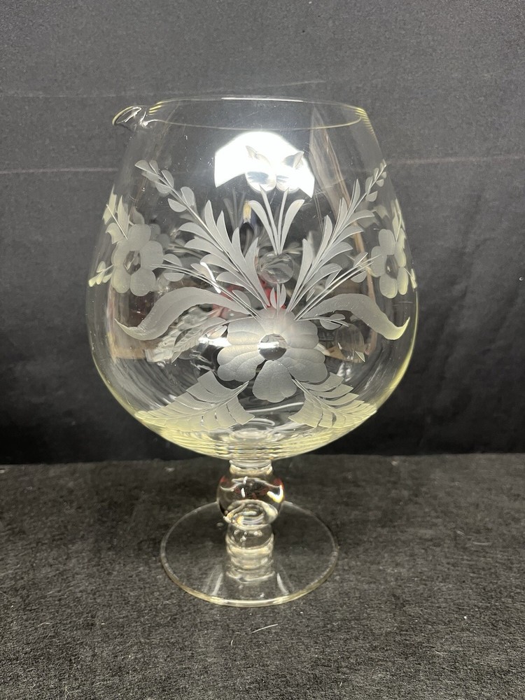 A Brilliant Art Deco Large Clear Glass Brandy Snifter/Pitcher Floral Etched