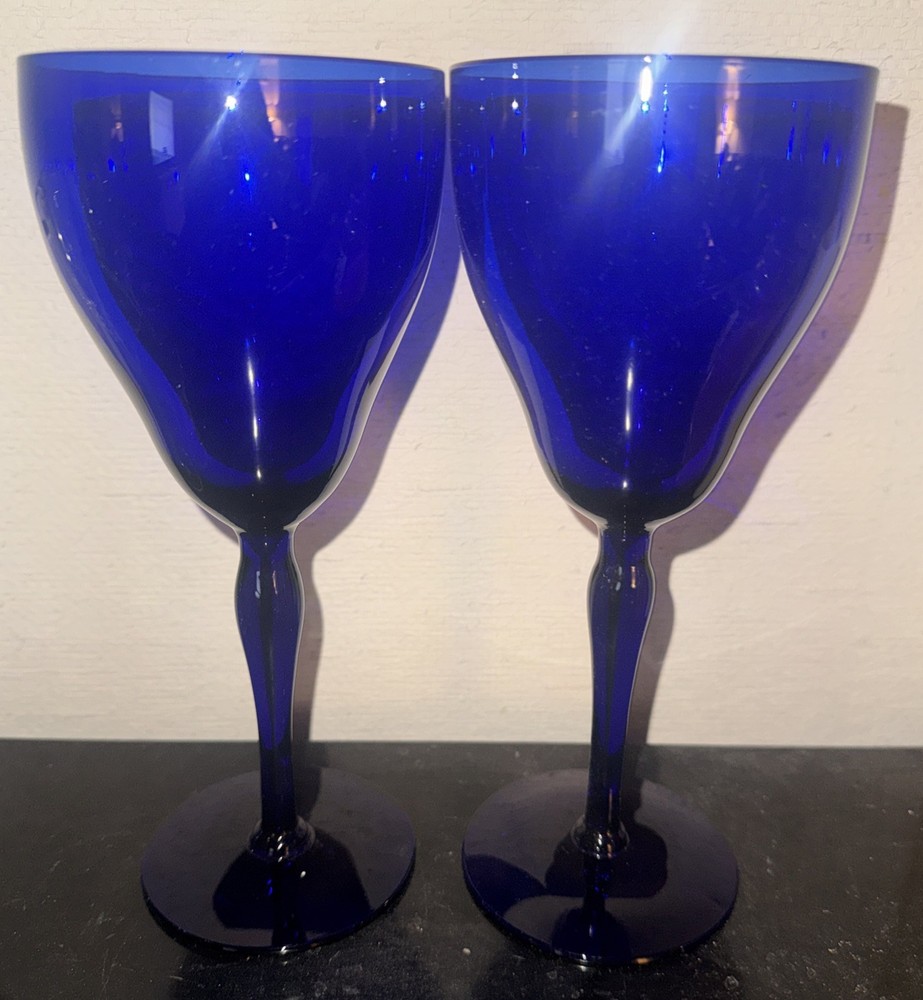 (2) Vintage Cobalt Blue Stemmed Water Wine Goblets 8” X 3” More Available
