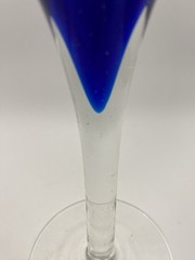Vtg Cobalt Blue White Cased Clear Stem Blown Wine/Champane Glass, 8 5/8”Moretti?
