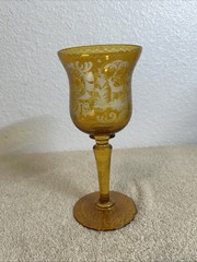 19th Century Bohemian Wine Glass/Goblet, Amber Engraved Deer Castle 7 1/2” Tall