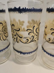 4 VTG Libbey Glass Tumblers Blue Gold Scroll Floral Leaf Flower Pattern LRS170