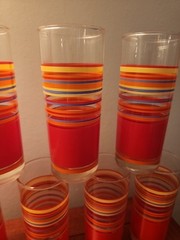 Libbey Mambo Fiesta Striped Orange Yellow Blue 9-Tumblers Near Mint HTF 70’s EUC