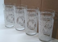 White Christmas Currier and Ives tumblers 4 piece set . Hand Stenciled. Vintage