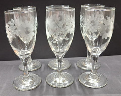 6 Vintage Floral Etched Gray-Cut Daisy With Vines Wine Glasses